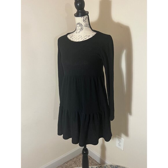 American Eagle Waffle Knit Mini Black Dress Tiered Long Sleeve Casual XS - Picture 8 of 9